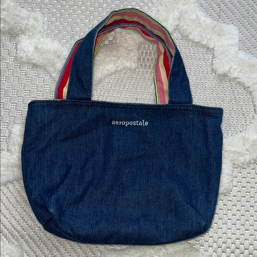 Aeropostale Dark Blue Denim Tote with Multicolor Striped Handles